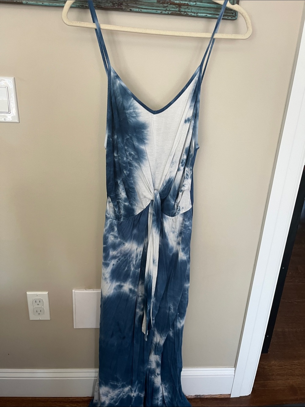 Blue and White Tie-Dye Maxi Dress with Waist Knot